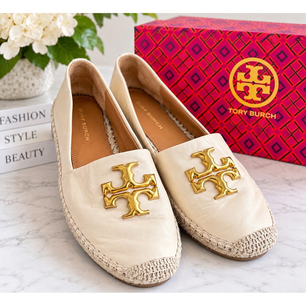 Tory Burch Eleanor Espadrille Cream Leather Slip-On Flats Round Toe US 8 86567